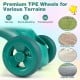 Toddler tricycle in green with TPE wheels, front basket, and bell, designed for ages 3-5 for various terrains.