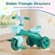 Toddler tricycle in green with limited steering, front basket, and bell, designed for safety and comfort for ages 3-5.