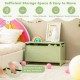 Green wooden kids toy box with crocodile design, safety hinge, and convenient handles for easy movement and storage.