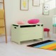 Wooden kids toy box in green with cute crocodile design, safety hinge, and handles for easy movement in children's room.