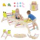 Multicolor triangle climbing set features a foldable design, sturdy wood construction, and multiple play options for kids.