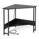 Triangle computer corner desk in black with a smooth surface and strong steel legs, perfect for maximizing corner space.