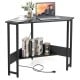 Triangle computer corner desk in black with charging station, ample storage, and modern design for small spaces.