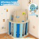 Foldable baby climbing triangle in blue with Montessori maze and toy cars, designed for safe play and easy storage.