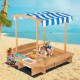 Kids wooden sandbox with striped canopy, made of solid cedar wood, perfect for outdoor play at the beach or backyard.