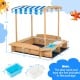 Kids wooden sandbox with striped canopy, featuring a bottomless structure for ventilation and control of sand depth.
