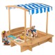 Kids wooden sandbox with striped canopy, made of solid cedar wood, featuring seating and sand/water play bins for.