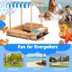 Kids wooden sandbox with striped canopy, made of solid cedar wood, perfect for backyard, beach, or playground fun.