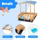 Kids wooden sandbox with striped canopy, solid cedar wood, and detachable plastic bins for outdoor play and storage.