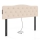 Tufted upholstered headboard in beige for queen and full size beds, featuring 2 AC outlets and USB ports for charging.