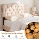 Tufted upholstered headboard in beige with rubber wood legs, featuring 2 AC outlets for convenient charging.