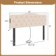 Tufted upholstered headboard in beige with dimensions, featuring 2 AC outlets and adjustable width for queen and full.