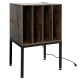 Turntable record player stand in rustic brown with power outlets, featuring compartments for 150 vinyl records and a.