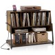 Turntable stand in rustic brown with vinyl storage shelves, charging station, and adjustable foot pads for stylish.