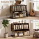 Turntable stand in rustic brown with vinyl storage shelves, featuring a charging station and adjustable foot pads.