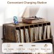 Turntable stand in rustic brown with vinyl storage, featuring 2 AC outlets and USB charging ports for convenience.