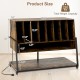 Turntable stand with charging station, rustic brown, featuring 8 vinyl storage compartments and a sturdy metal frame.