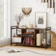 Open shelving TV stand in rustic brown, designed for 55" TVs, showcasing a sturdy metal frame and stylish decor setup.