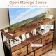 TV stand with open storage shelf and 5 fabric drawers in rustic brown, suitable for TVs up to 45 inches.