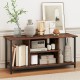 Rustic brown TV stand with open storage shelves, accommodating TVs up to 50 inches, featuring built-in power outlets.