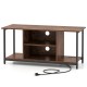 Rustic brown TV stand with open storage, featuring two compartments and built-in charging station for media.