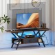 TV stand in rustic brown for 65-inch TVs, featuring adjustable LED lights, power outlets, and ample storage space.