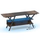 Rustic brown TV stand for 65-inch TVs featuring adjustable LED lights, built-in power outlets, and ample storage space.