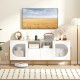 White TV stand for 70-inch TV featuring drawers, open shelves, and built-in power outlets for convenient media storage.