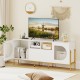 White TV stand for 70-inch TV featuring open shelves, drawers, and built-in power outlets for convenient media storage.