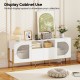 White TV stand with wavy cabinet doors, open shelves, and built-in charging station for 70-inch TVs, perfect for.