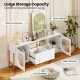 TV stand with open shelves, dual drawers, and side cabinets, designed for 70-inch TVs, featuring a white finish.