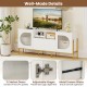 TV stand with wavy PC panel doors, adjustable hinges, and metal drawer slides for smooth operation and ample storage.