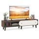 Mid-century modern TV stand in walnut finish with sliding door cabinet, designed for 80-inch TVs and media organization.