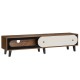 Mid-century modern TV stand in walnut with sliding door cabinet, designed for 80-inch TVs and featuring ample storage.
