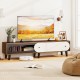 Mid-century modern TV stand in walnut finish, featuring sliding door cabinet and spacious tabletop for 80-inch TVs.