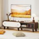 Mid-century modern TV stand in walnut with sliding door cabinet, suitable for 80-inch TVs, featuring ample storage and.