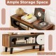Mid-century modern TV stand with walnut finish, spacious tabletop, and two sliding door cabinets for media storage.