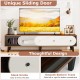 Mid-century modern TV stand with walnut finish, sliding door cabinet, and sleek knobs for easy access and organization.