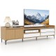 Mid-century modern TV stand in natural finish, featuring storage cabinet and drawers for TVs up to 80 inches.