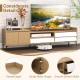 Mid-century modern TV stand with natural finish, featuring storage cabinets, smooth drawer slides, and raised edges for.