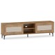TV stand for TVs up to 70 inches with oak finish, fluted doors, and open shelves for media storage and decor.