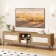 TV stand with waveform fluted doors, oak finish, supporting TVs up to 70 inches, featuring open shelves and concealed.