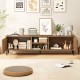 TV stand with waveform fluted doors in oak, featuring open shelves and cabinets for TVs up to 70 inches, ideal for.