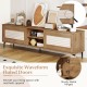 TV stand with waveform fluted doors, oak finish, spacious for TVs up to 70", featuring open shelves and sturdy metal.