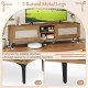 TV stand with oak finish, fluted doors, and 5 raised metal legs for TVs up to 70 inches, featuring open shelves and.