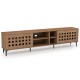 Walnut TV stand for TVs up to 80", featuring artistic cut-out design, 2 doors, and ample storage for living room use.