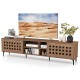 Walnut TV stand for TVs up to 80", featuring 2 doors, storage cabinets, and an artistic cut-out design for stylish.
