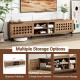 TV stand in walnut finish for TVs up to 80", featuring 2 doors, 4-compartment storage, and an elegant cut-out design.