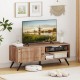Mid-century modern TV stand in oak for TVs up to 55 inches, featuring open shelves and a storage cabinet.