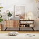 Mid-century modern TV stand in oak with storage cabinet, open shelves, and cable management for living room.